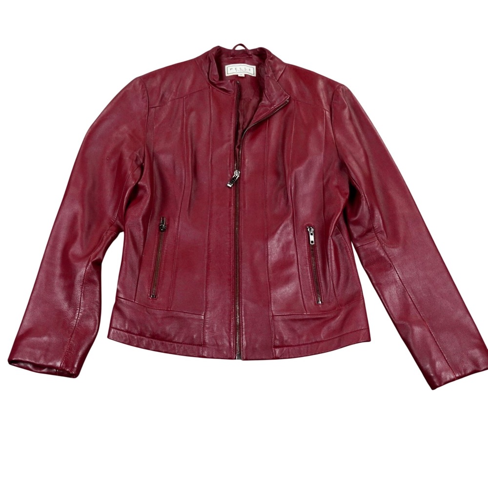 Pelle Studio Jacket Womens Medium Cranberry Red Genuine Leather Zip Moto Coat